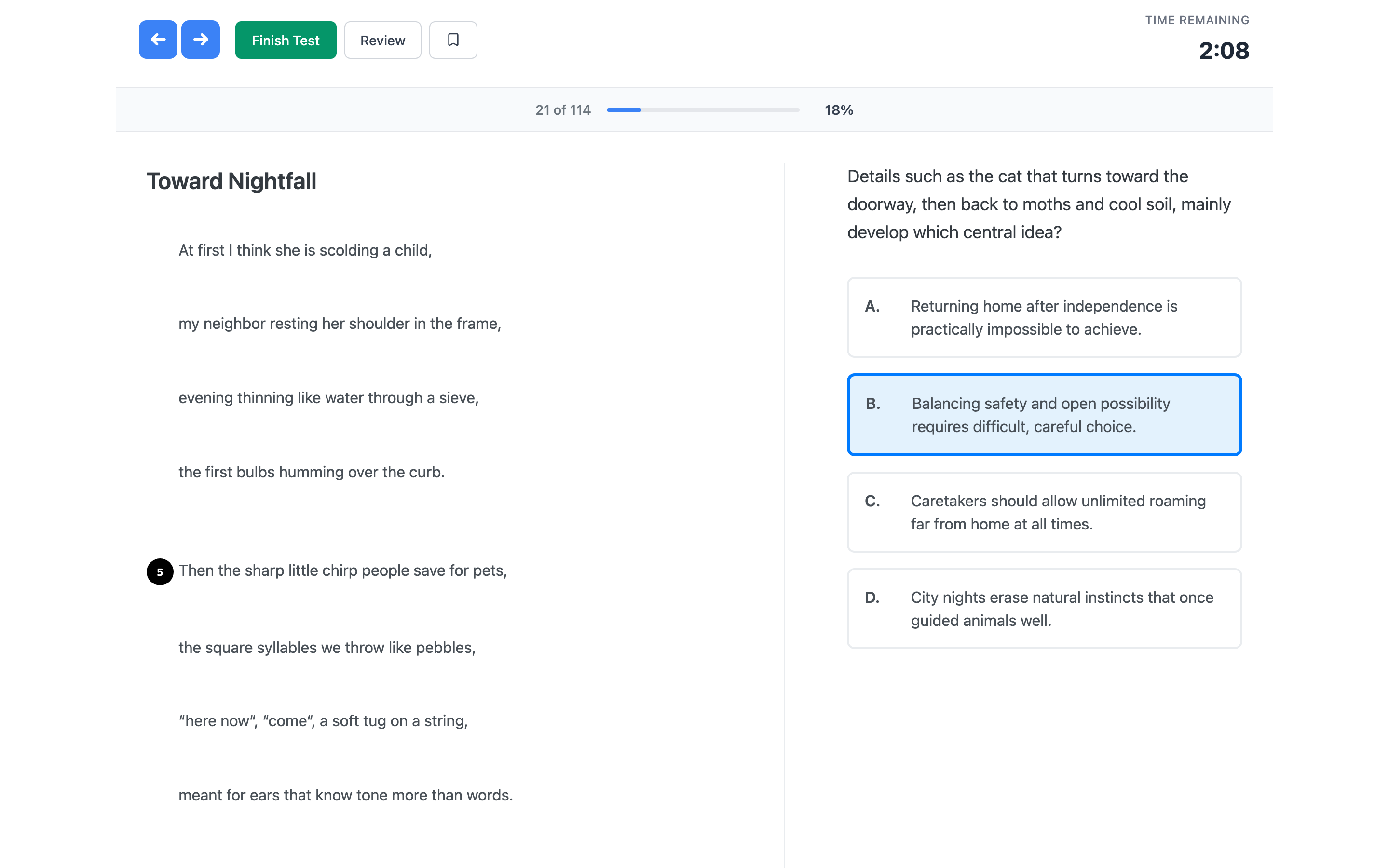 Fixed-form SHSAT Buddy practice test showing a timed reading question, progress controls, and answer choices